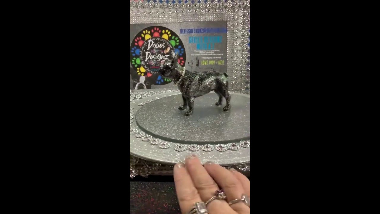 French bulldog statue, in shimmering sparkly black